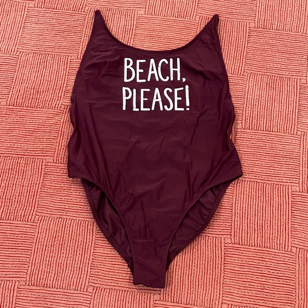 Women’s large Burgundy One Piece Swimsuit “beach please” like new